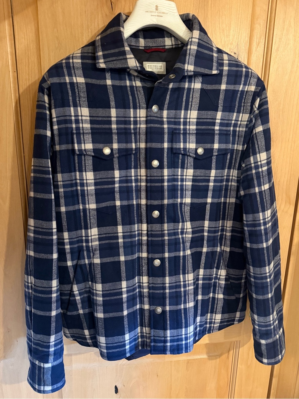 Brunello Cucinelli Navy and White Plaid Snap-Front Jacket